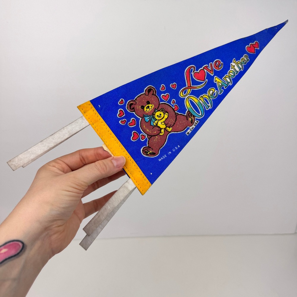Vtg Small 12 inch Felt Wall Blue Pennant Flag Teddy Bear Hearts Love One Another